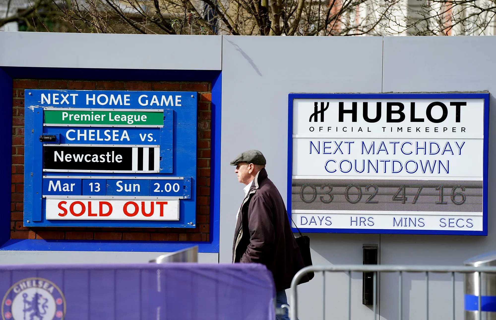 The matchday countdown clock outside of Stamford Bridge, home to Chelsea FC, in London, U.K. on March 10.
