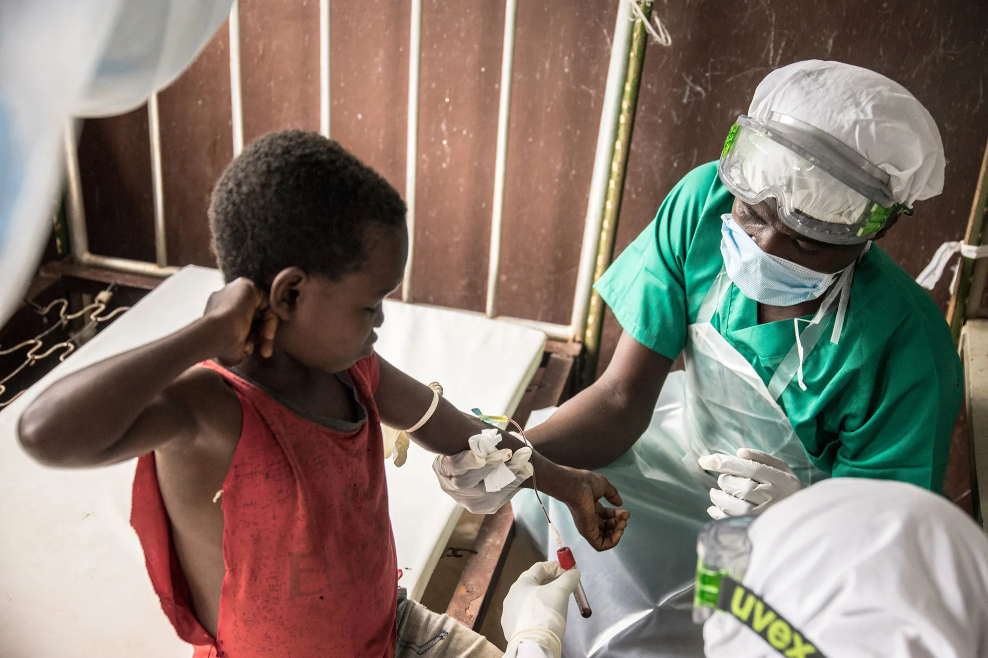 Blood samples are drawn from a boy who’s family has been contaminated with monkeypox,&nbsp;in the Central African Republic.