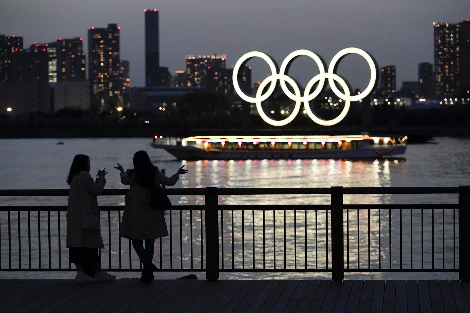 The&nbsp;illuminated Olympic rings floating in the waters off Odaiba island in Tokyo, Japan.&nbsp;