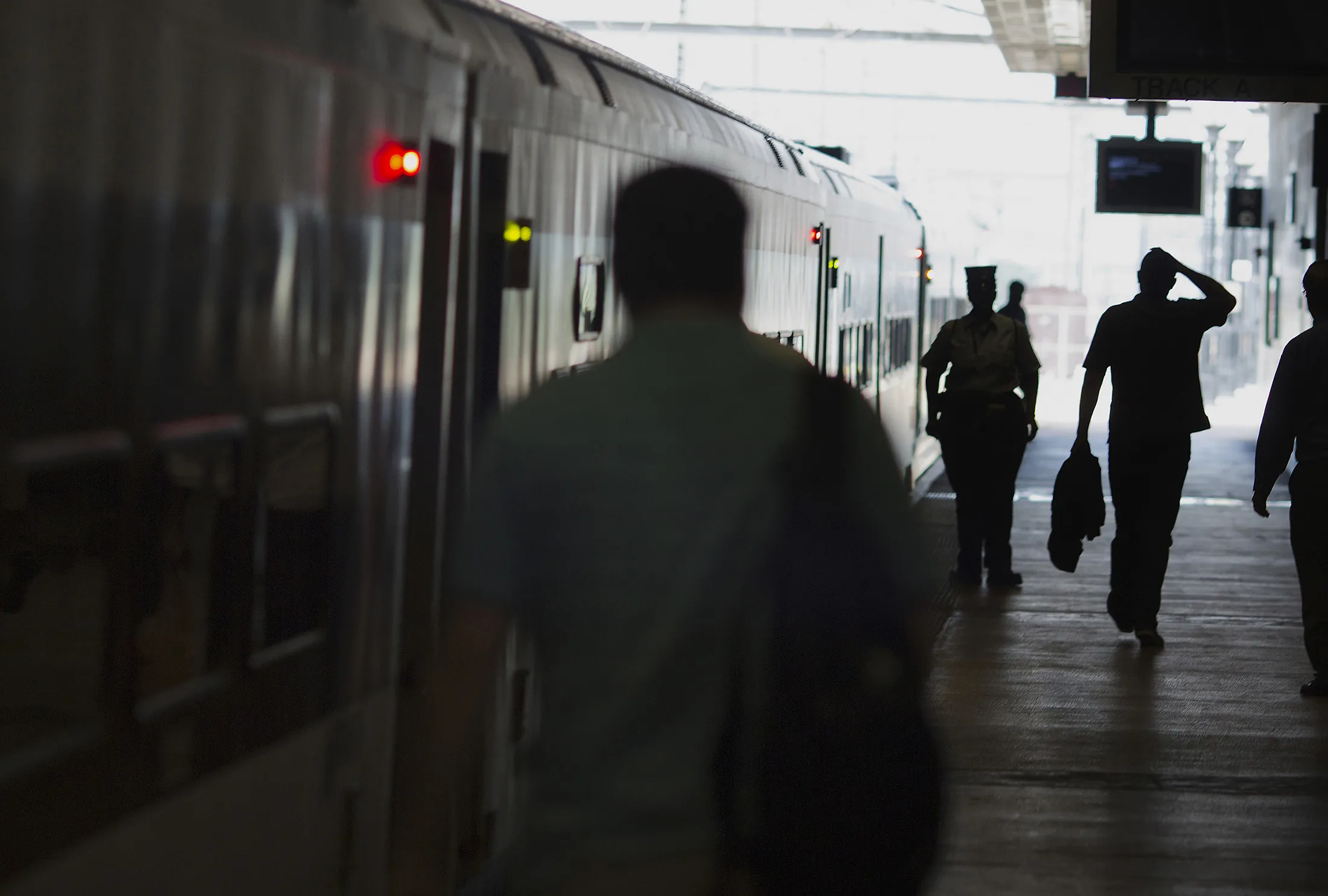 Commuters are seen boarding a New Jersey Transit train at the Frank R. Lautenberg Rail Station at Secaucus Junction in Secaucus, New Jersey.
