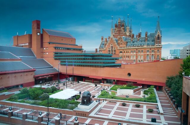 View across the British Library to the St Pancras hotel and railway station.
