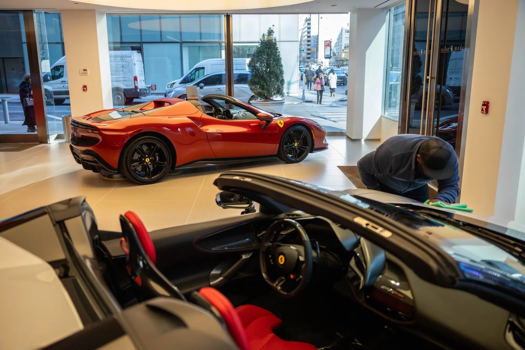 Ferrari vehicles&nbsp;at a dealership&nbsp;in New York.