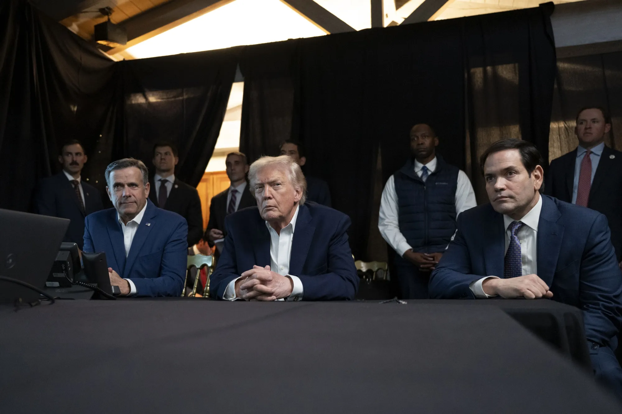 US President Donald Trump, CIA Director John Ratcliffe (left) and Secretary of State Marco Rubio monitor US&nbsp;military operations in Venezuela&nbsp;from Trump's Mar-a-Lago Club on Jan. 3, 2026 in Palm Beach, Florida.&nbsp;