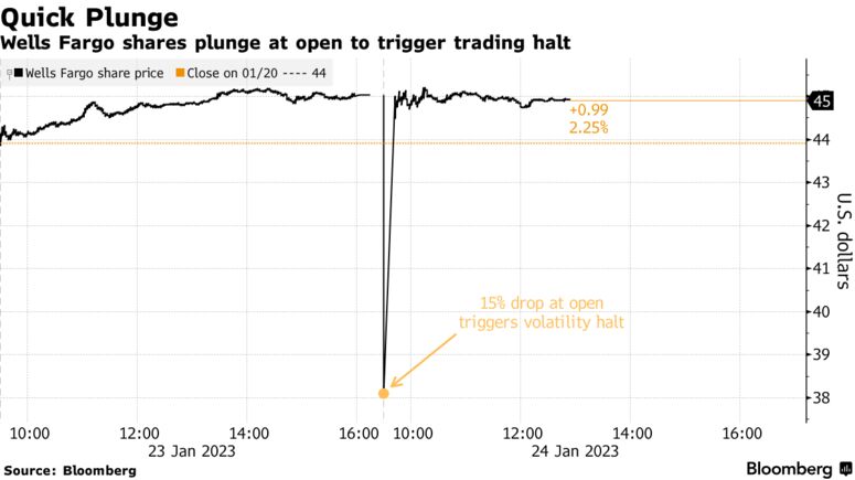 Quick Plunge | Wells Fargo shares plunge at open to trigger trading halt