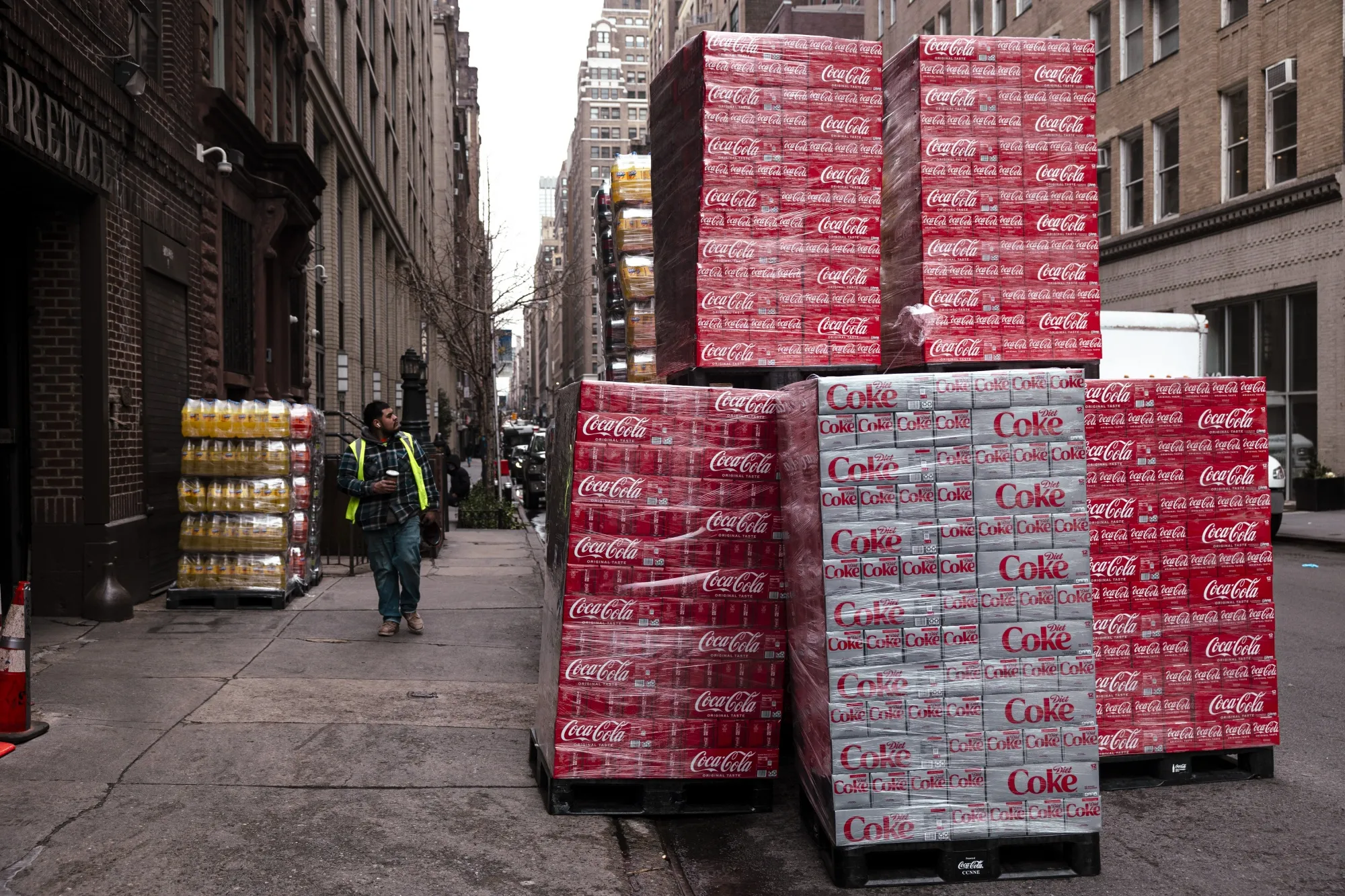 Pallets of Coca-Cola products outside a beverage distribution center in New York.