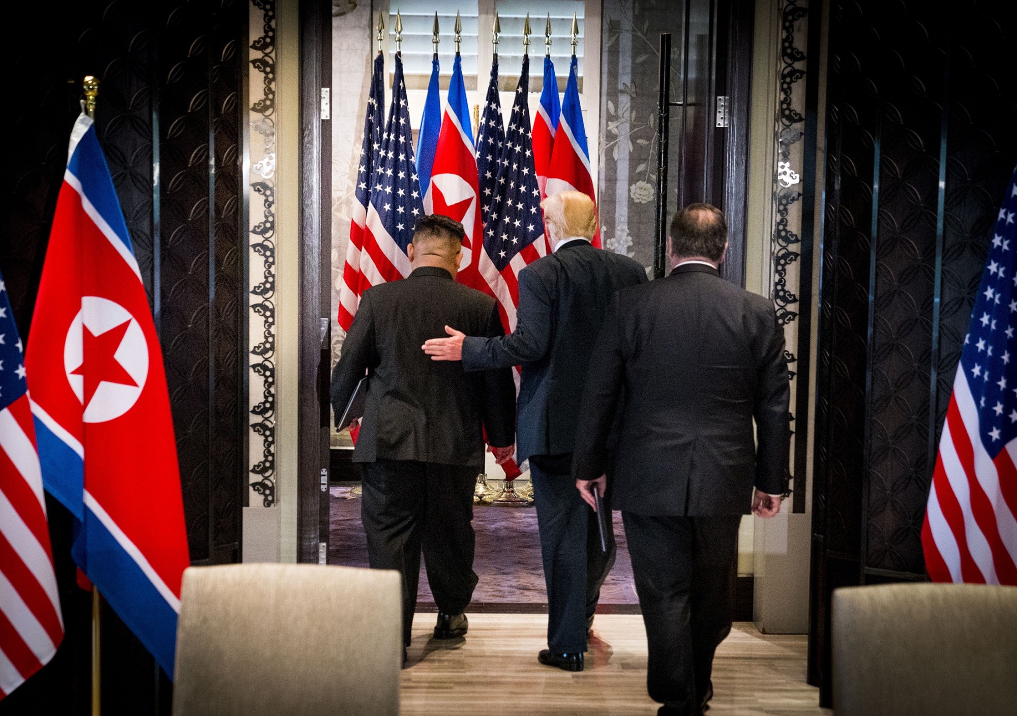 FILE -- President Donald Trump and North Korean leader Kim Jong Un in Singapore, June 12, 2018. Trump approved a 2019 Navy SEAL operation to plant a listening device in North Korea, a mission that unraveled amid a series of mistakes and resulted in the SEALs killing North Korean civilians. (Doug Mills/The New York Times) Photographer: DOUG MILLS/NYTNS