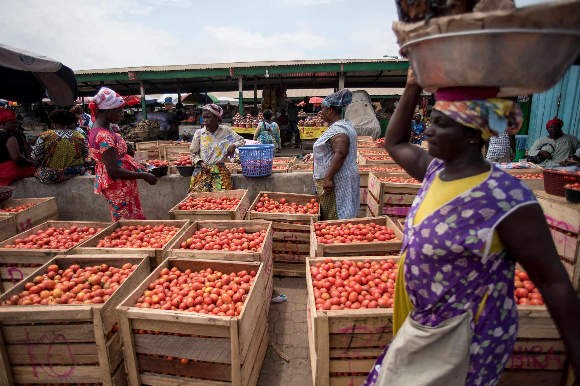A tomato stand at the Agbogbloshie market in Accra, Ghana, on June 28, 2018. 
