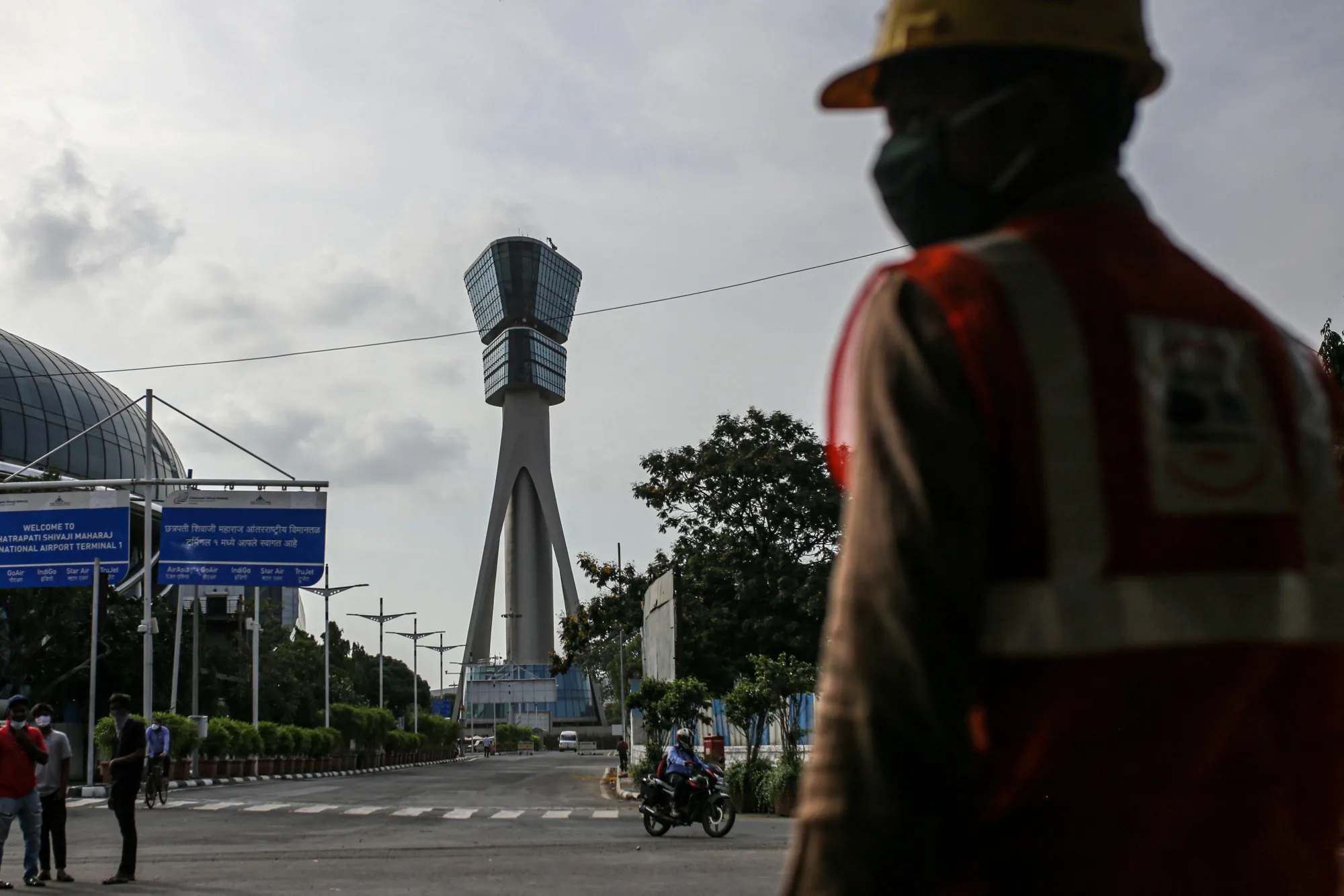 A air traffic control tower at Chhatrapati Shivaji Maharaj International Airport in Mumbai, India.