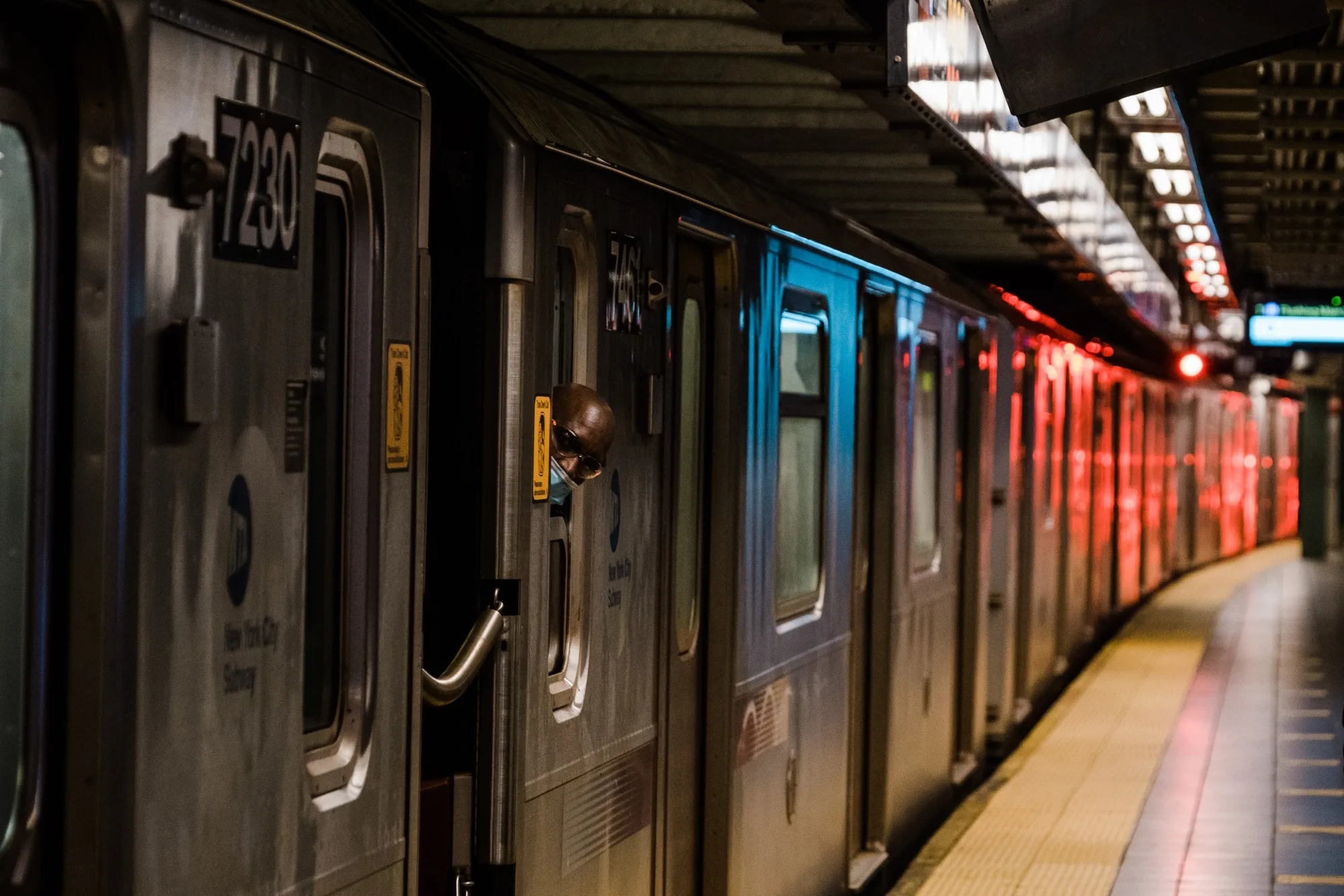 A subway train arrives at a station in New York.