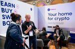 The booth of the Celsius Network crypto platform at the Paris NFT Day conference in&nbsp;April&nbsp;2022.&nbsp;