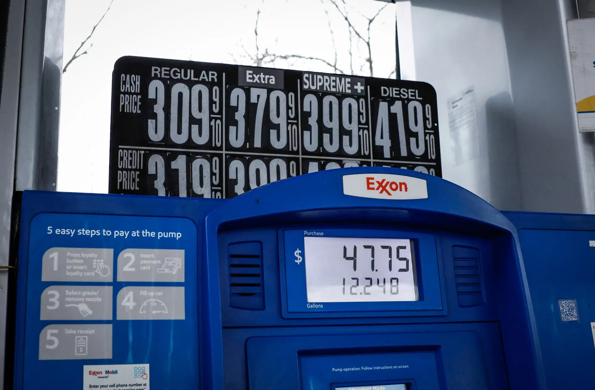 Prices of unleaded gasoline and diesel fuel displayed at a Exxon station in Northvale, New Jersey, US, on Thursday, March 5, 2026.