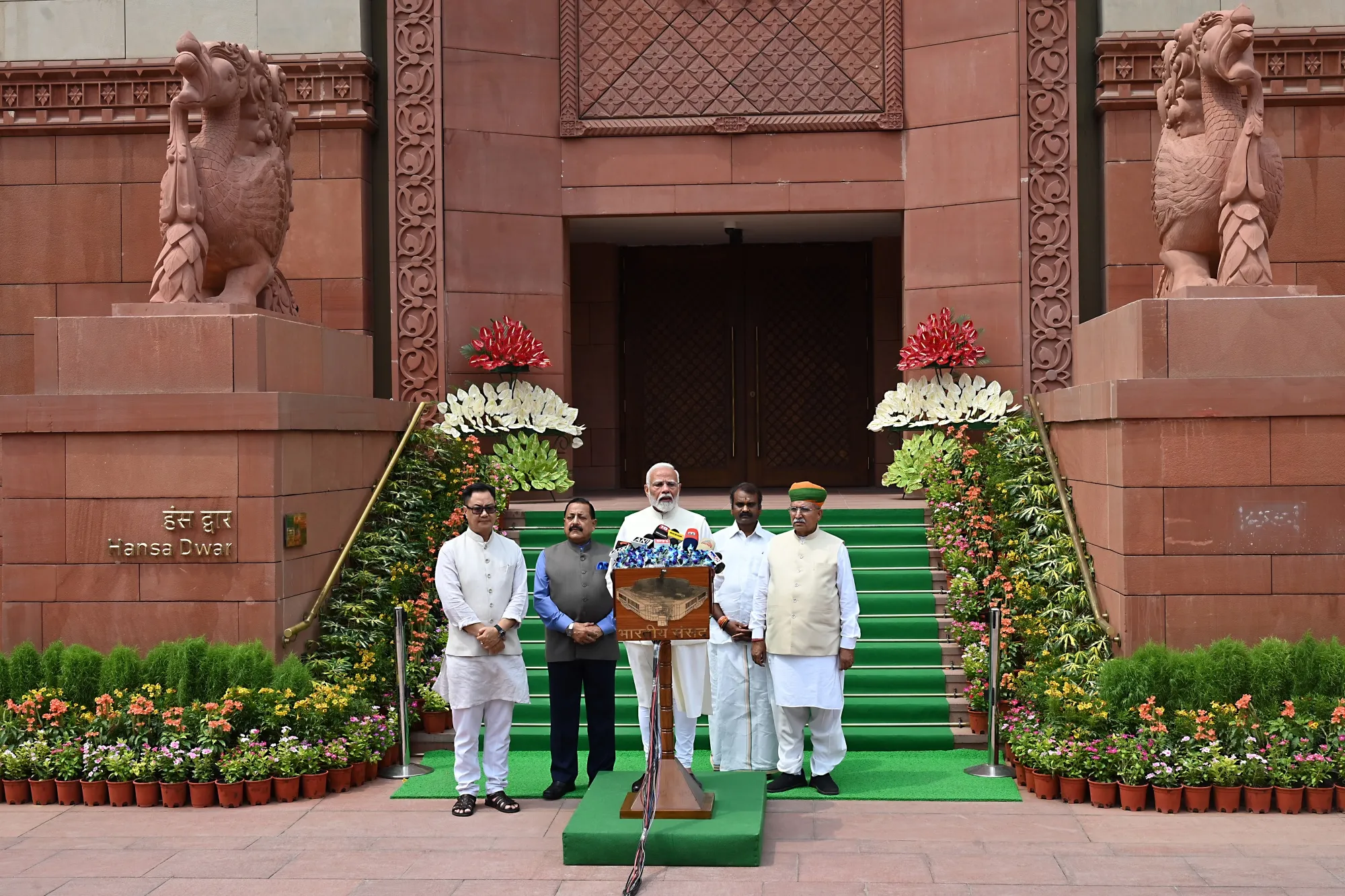 Narendra Modi, center, at the Parliament House in New Delhi in June.