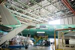 A Boeing 777X airplane sits on the assembly floor at the company's facility in Everett, Washington.