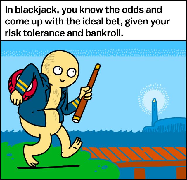 In blackjack, you know the odds and come up with the ideal bet, given your risk tolerance and bankroll.