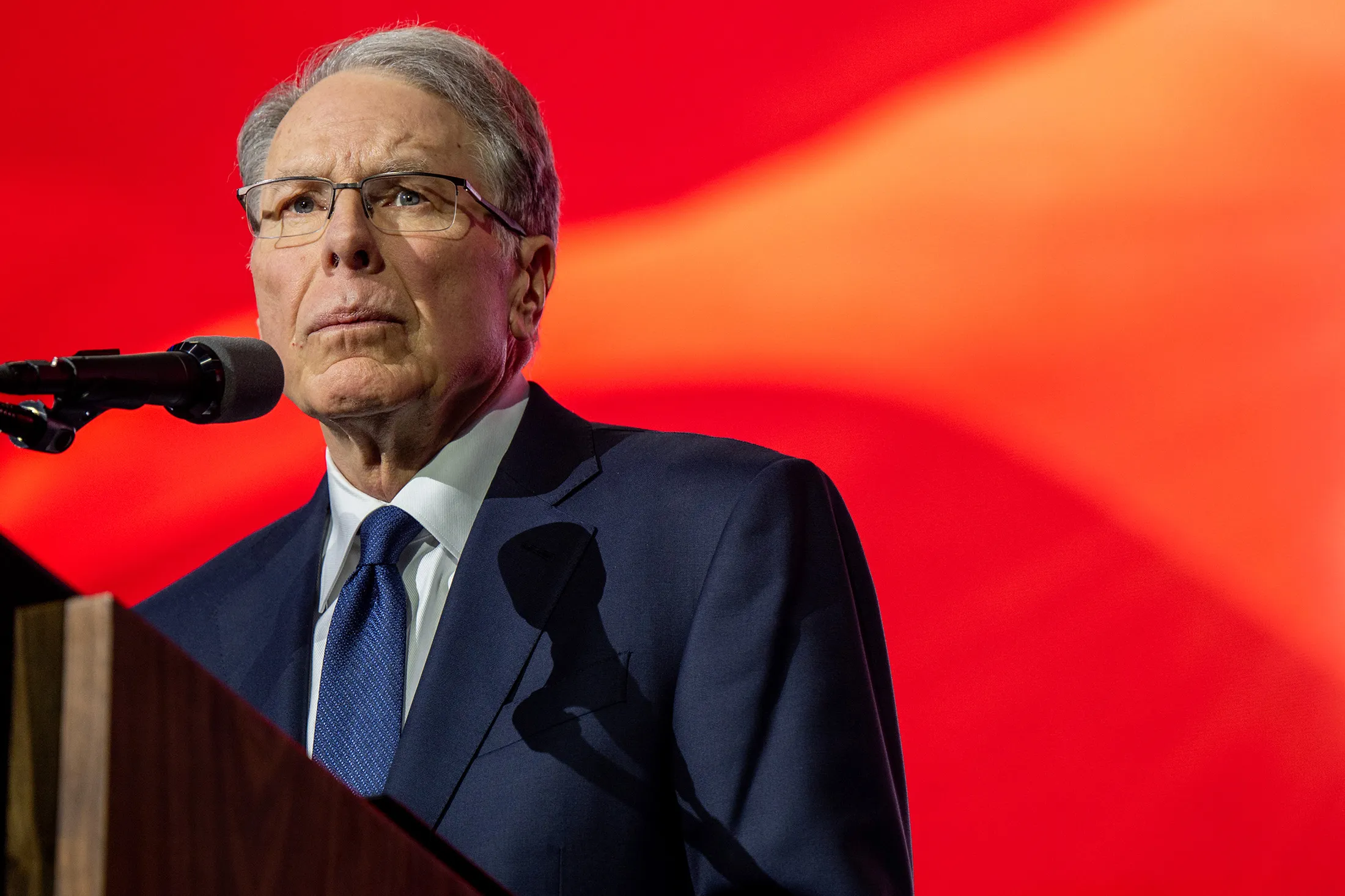 Wayne LaPierre prepares to speak at the George R. Brown Convention Center during the National Rifle Association (NRA) annual convention in Houston, Texas, on May 27, 2022.