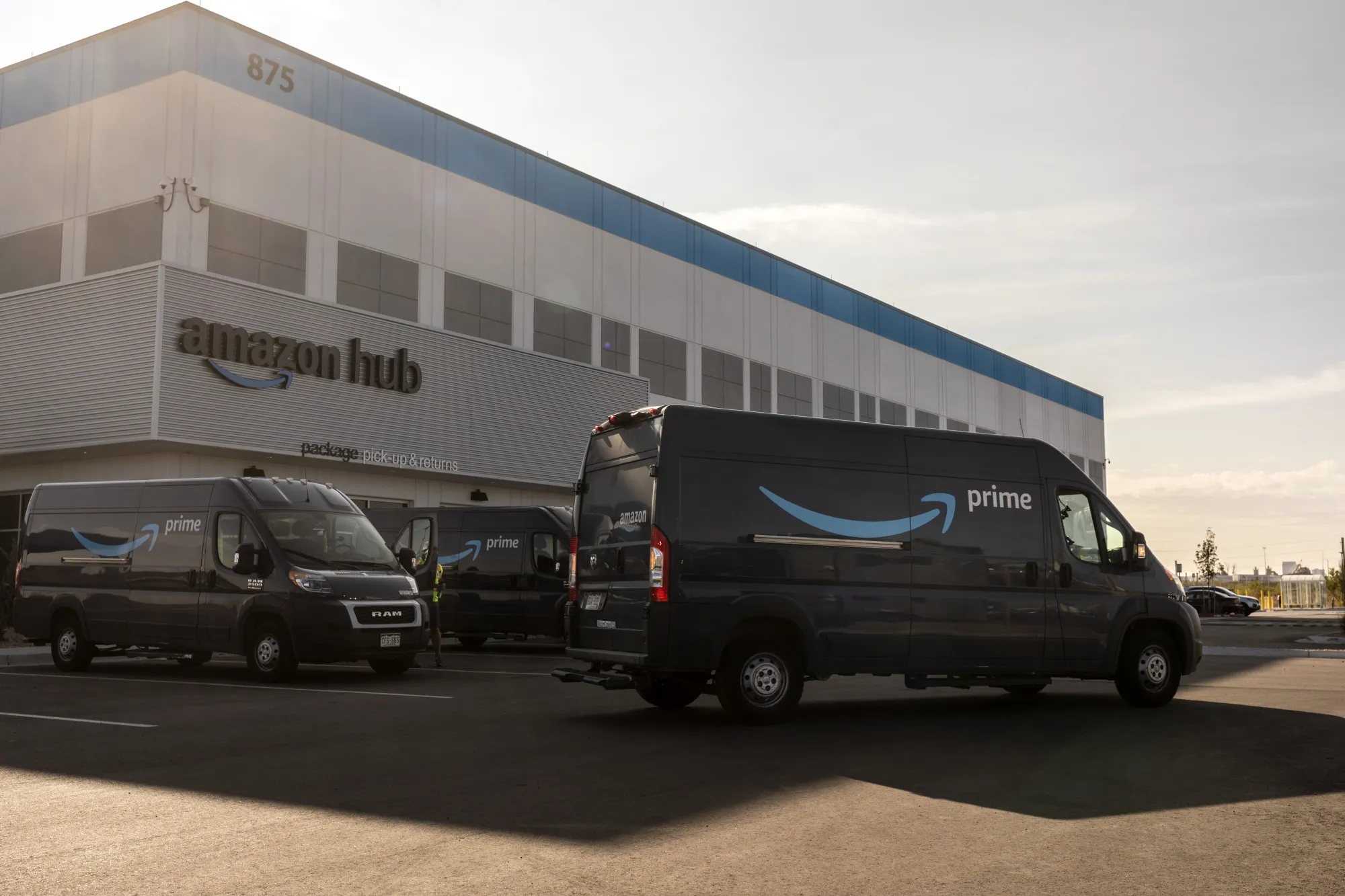 Delivery vans at an Amazon fulfillment center in Denver, Colorado