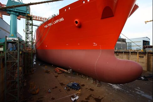 A Floating Storage and Regasification Unit vessel under construction in the dry dock at Ulsan.