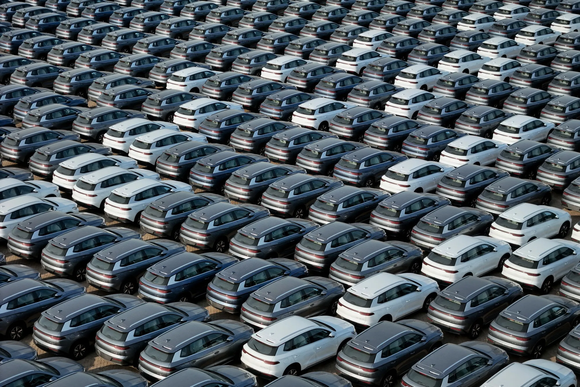 Electric vehicles bound for export at a port in Yantai, China.