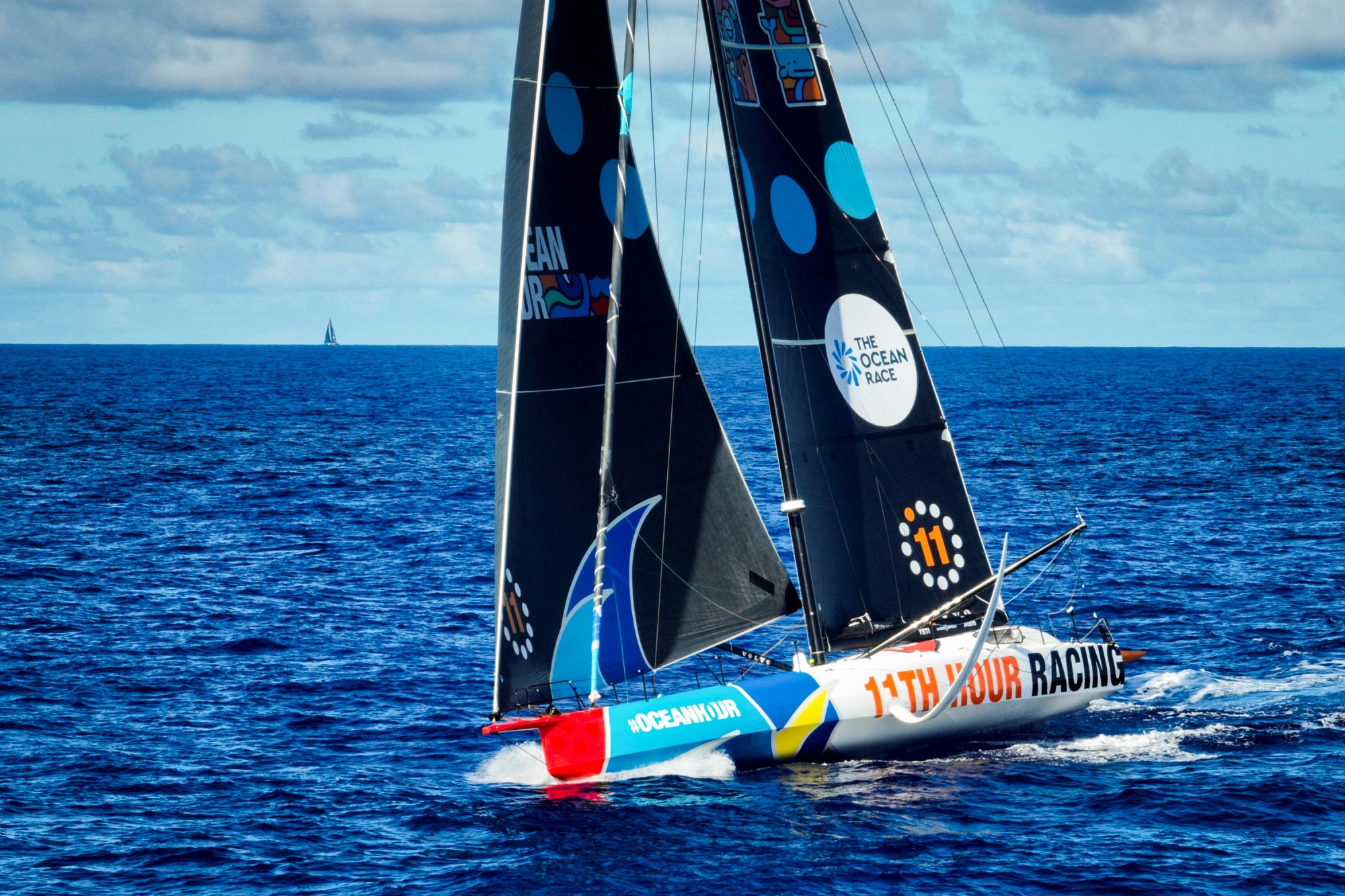 The 11th Hour Racing Team goes upwind in a steady nine knots off the northeast coast of Brazil during The Ocean Race.