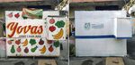 A&nbsp;food stand with hand-painted art (left), and after it was repainted by Cuauhtemoc officials (right).