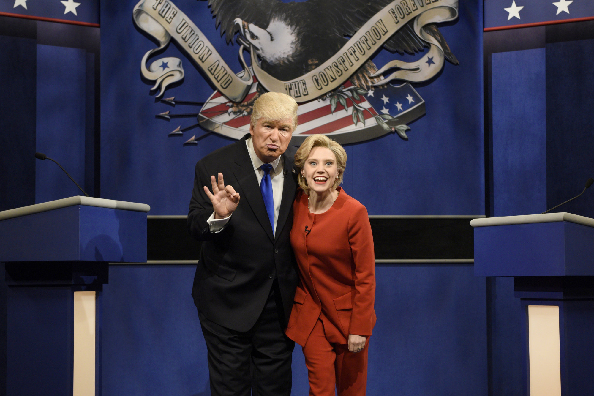 Alec Baldwin as Republican Presidential Candidate Donald Trump and Kate McKinnon as Democratic Presidential Candidate Hillary Clinton during the &quot;Debate Cold Open&quot; sketch on Saturday Night Live October 1, 2016.
