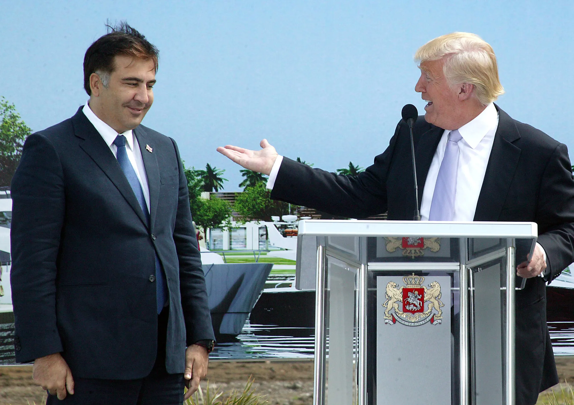 Trump speaks to then Georgian President Mikheil Saakashvili in Batumi, Georgia, on April 22, 2012.
