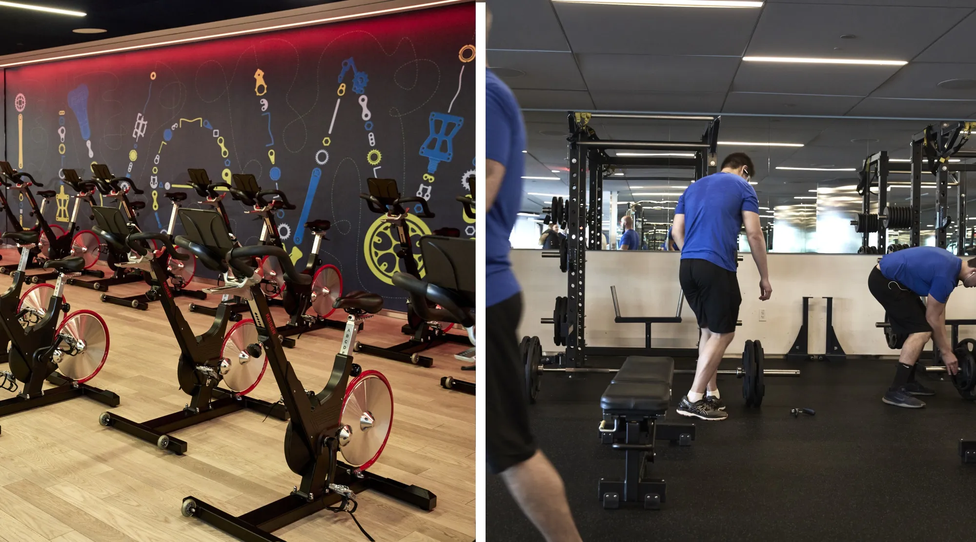 Cycling studio, left, and workout area.