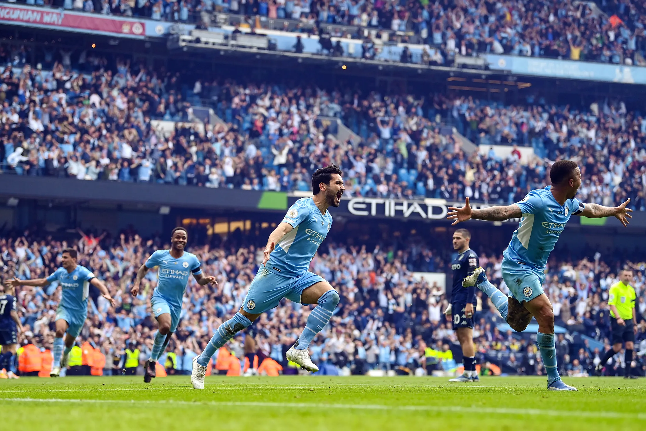 Ilkay Guendogan of Manchester City celebrates after scoring their team's third goal during the Premier League final between Manchester City and Aston Villa at Etihad Stadium on May 22.
