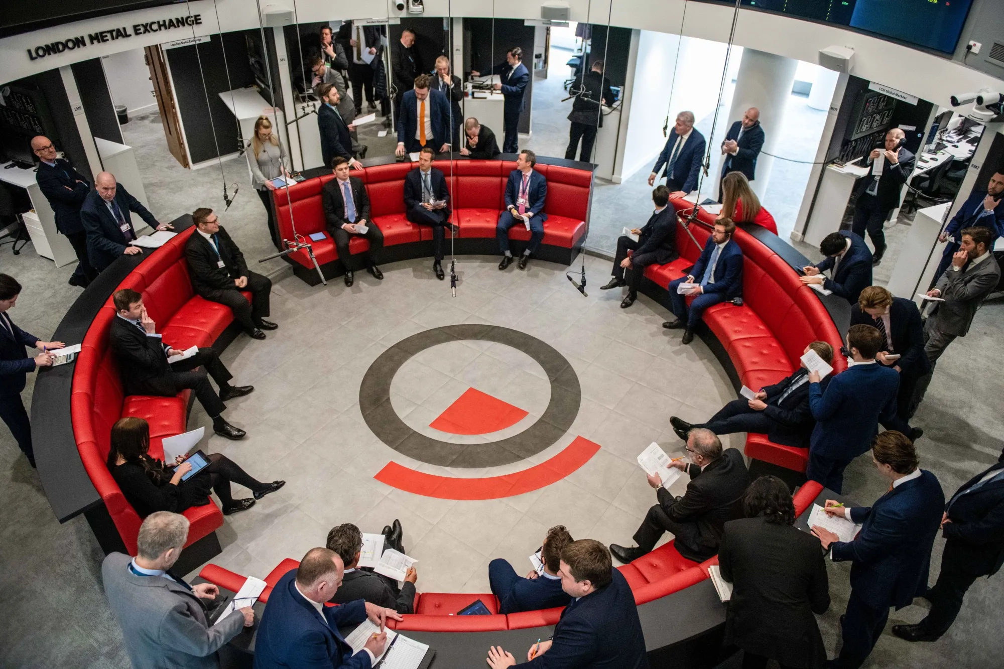Traders, brokers and clerks on the trading floor of the open outcry pit at the London Metal Exchange Ltd.&nbsp;in London, U.K.