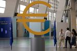 A euro symbol statue at the headquarters of the European Central Bank in Frankfurt.