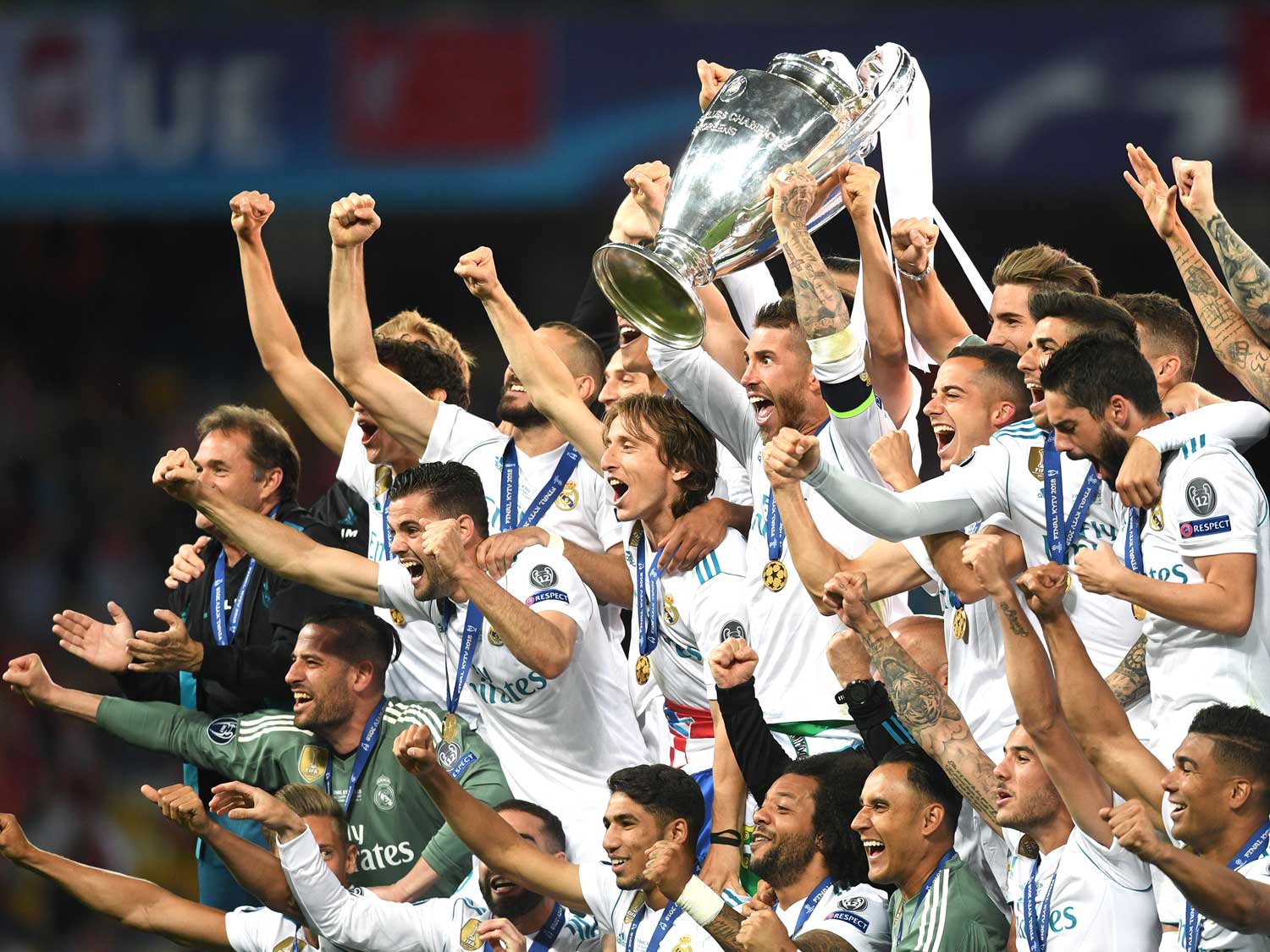 Real Madrid players celebrate victory in the 2018 UEFA Champions League final.