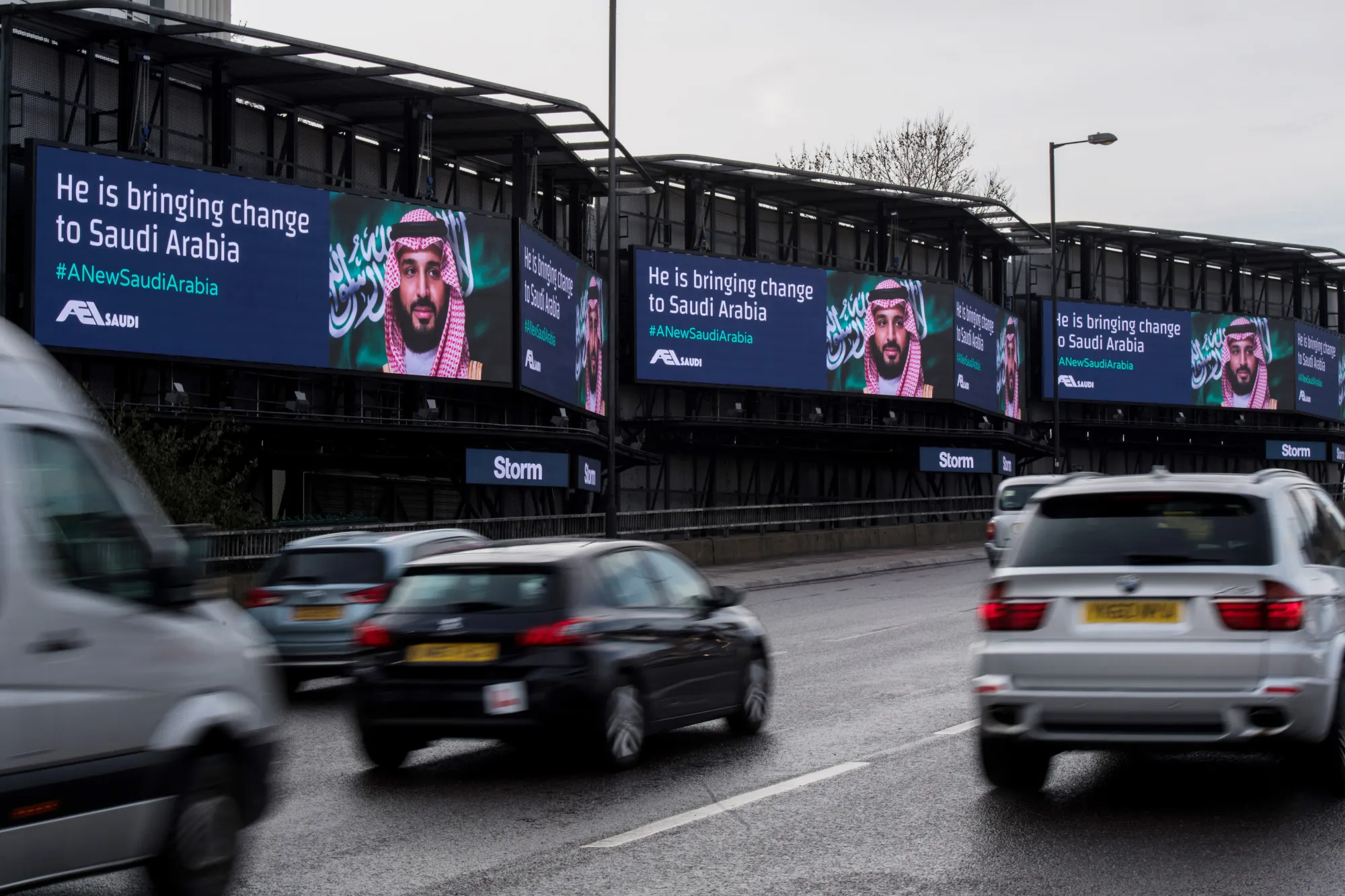Billboards showing advertisements for Saudi Crown Prince Mohammed bin Salman during his visit to the U.K. on March 7.