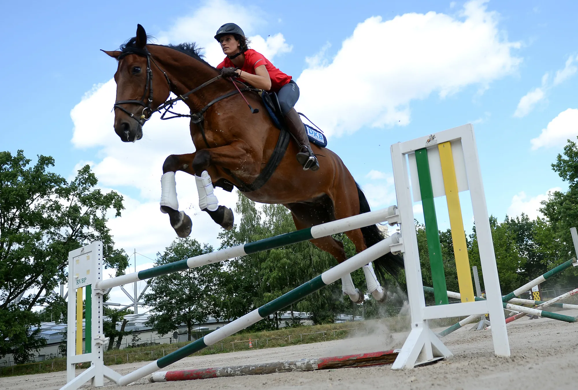 German pentathlete Lena Schoeneborn and her horse Cashew during a media day in Berlin for the 2016 Olympic Games.

