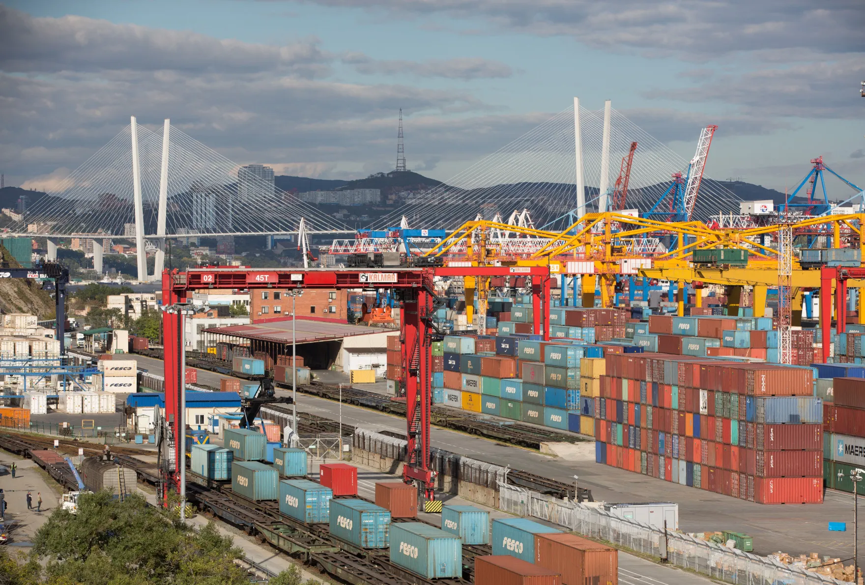 Shipping containers sit at the Commercial Port of Vladivostok.
