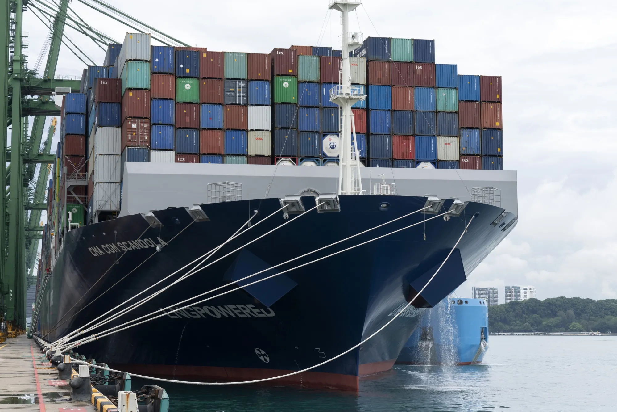 A container ship&nbsp;bunkered with liquified natural gas in Singapore.