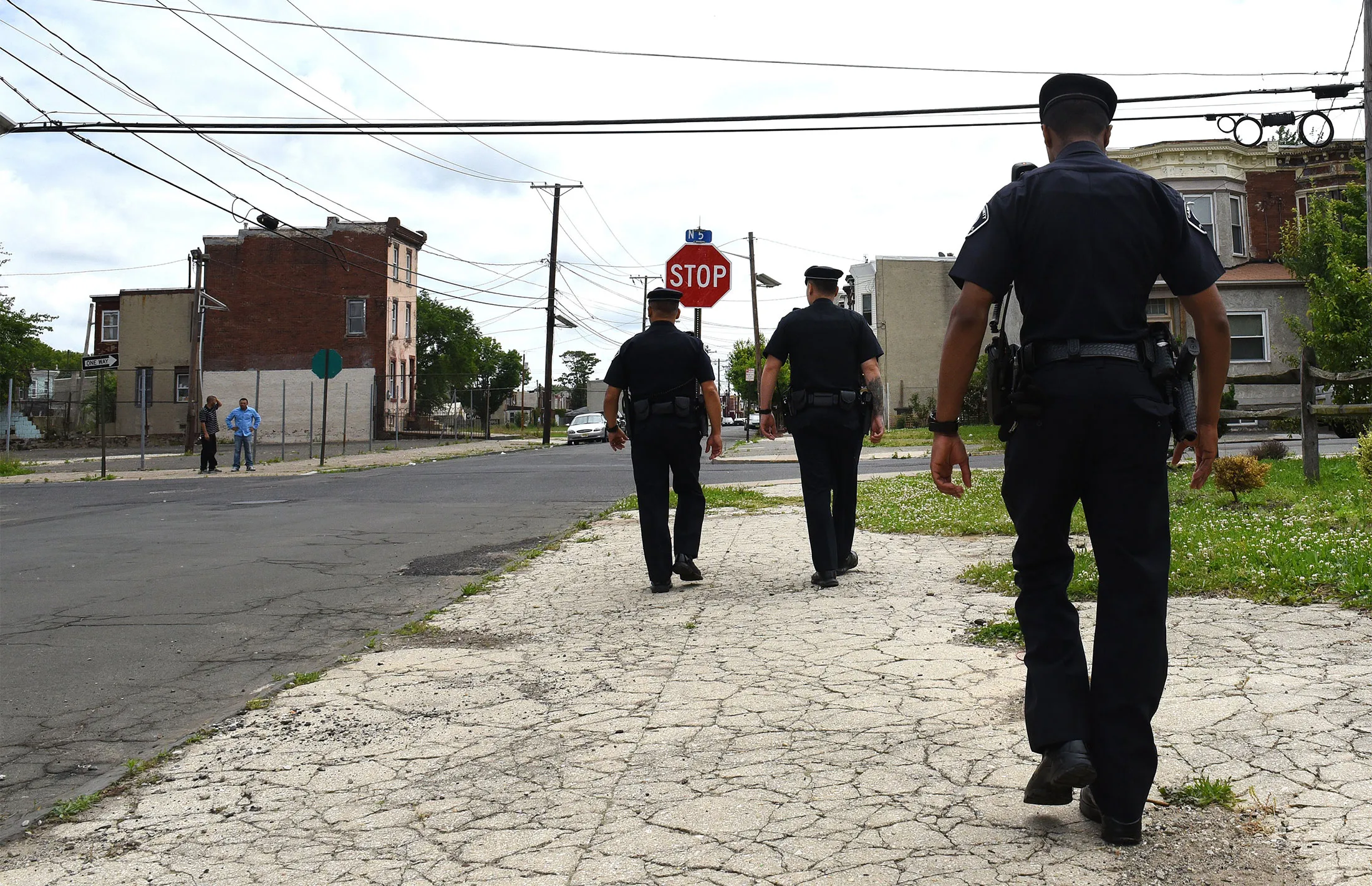 Police officers are seen on foot patrol in Camden, New Jersey.
