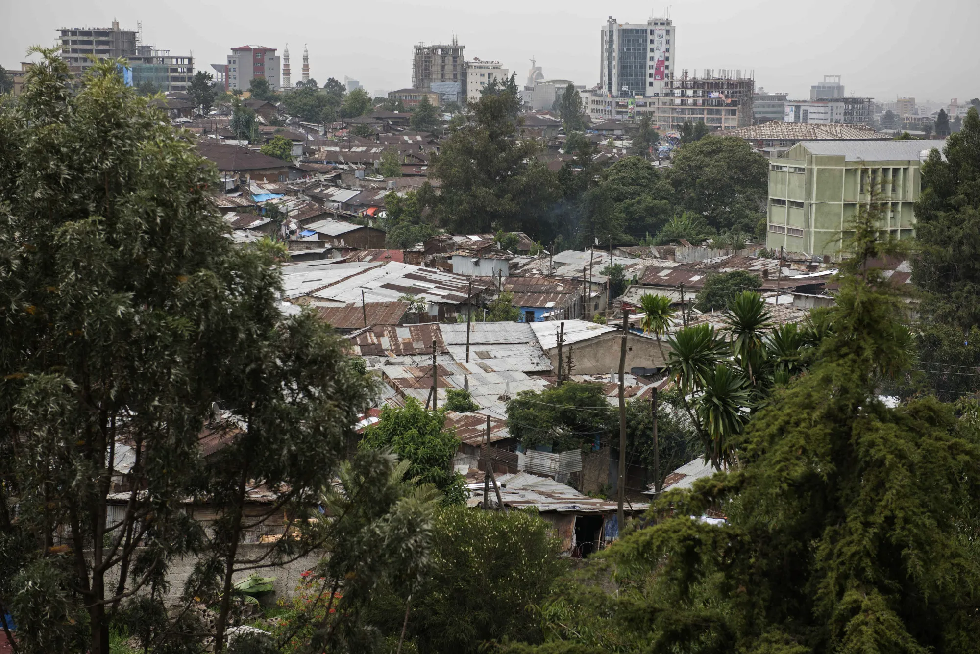 City buildings stand on the city skyline beyond corrugated iron shacks in Addis Ababa.