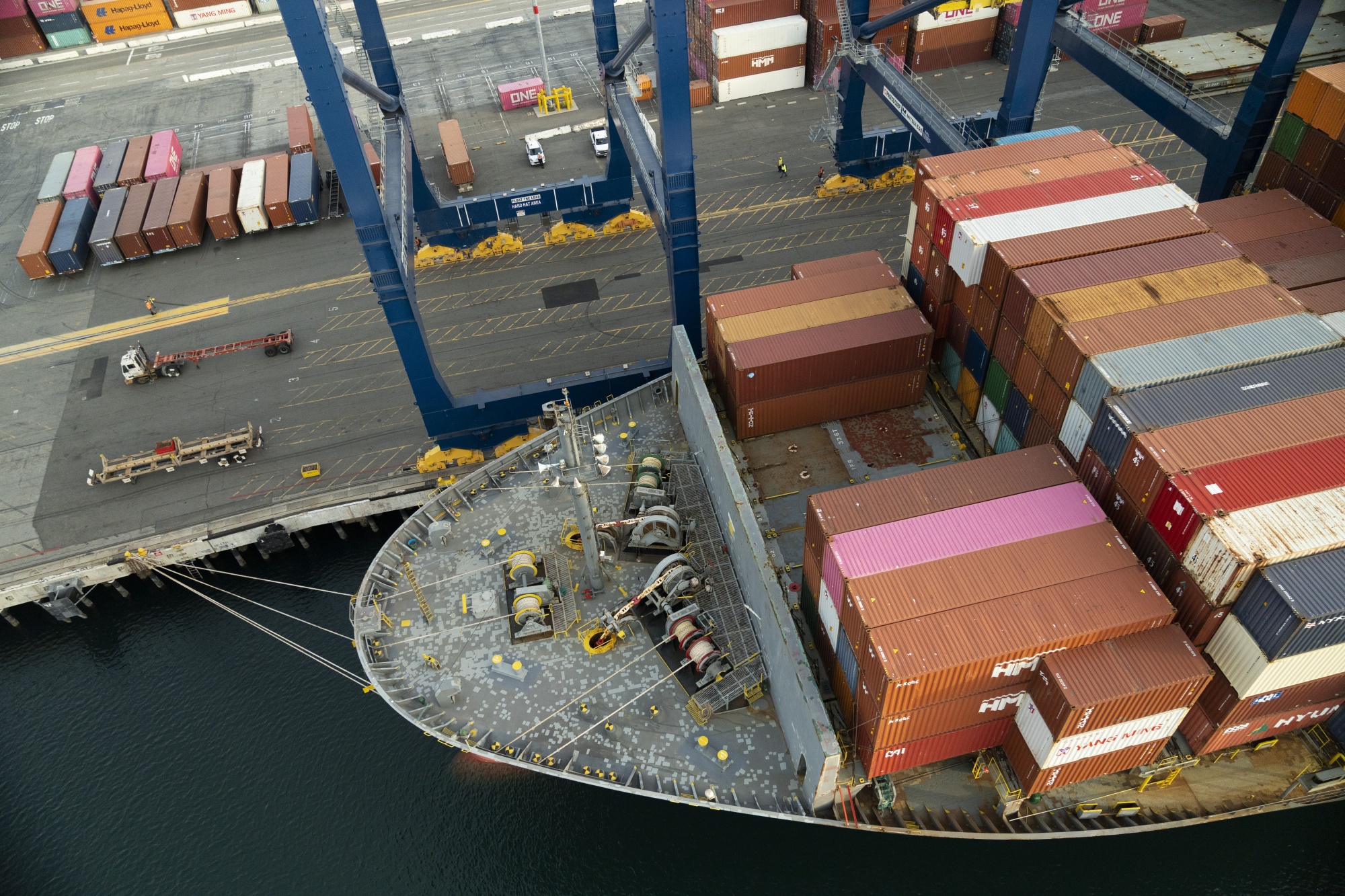 Shipping containers on a cargo ship at the Port of Los Angeles.