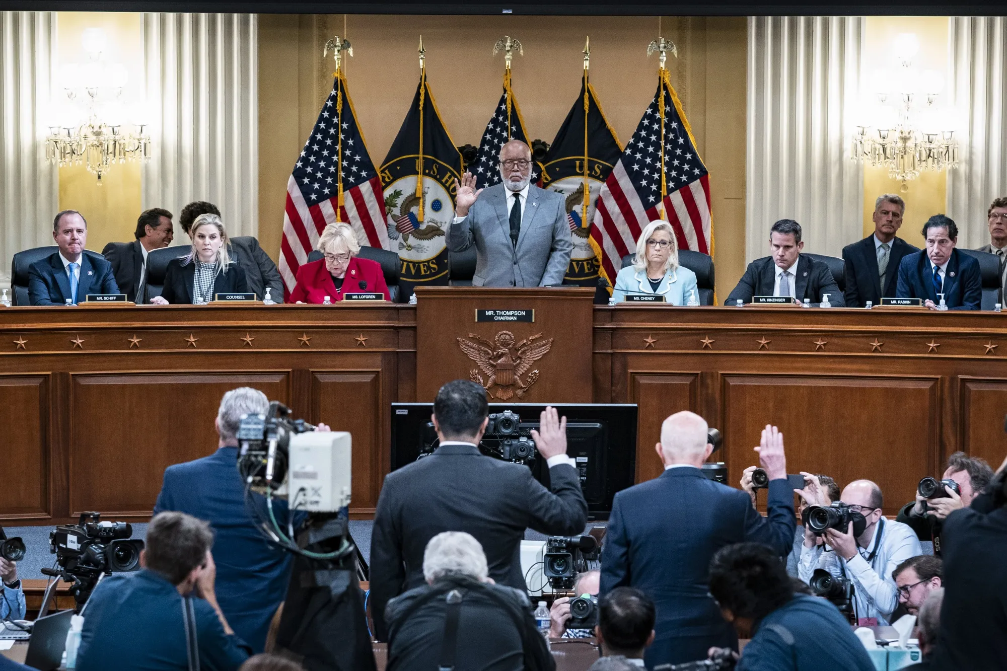 Chairman&nbsp;Bennie Thompson swears in witnesses during a&nbsp;House&nbsp;January 6th Committee hearing&nbsp;on June 13.