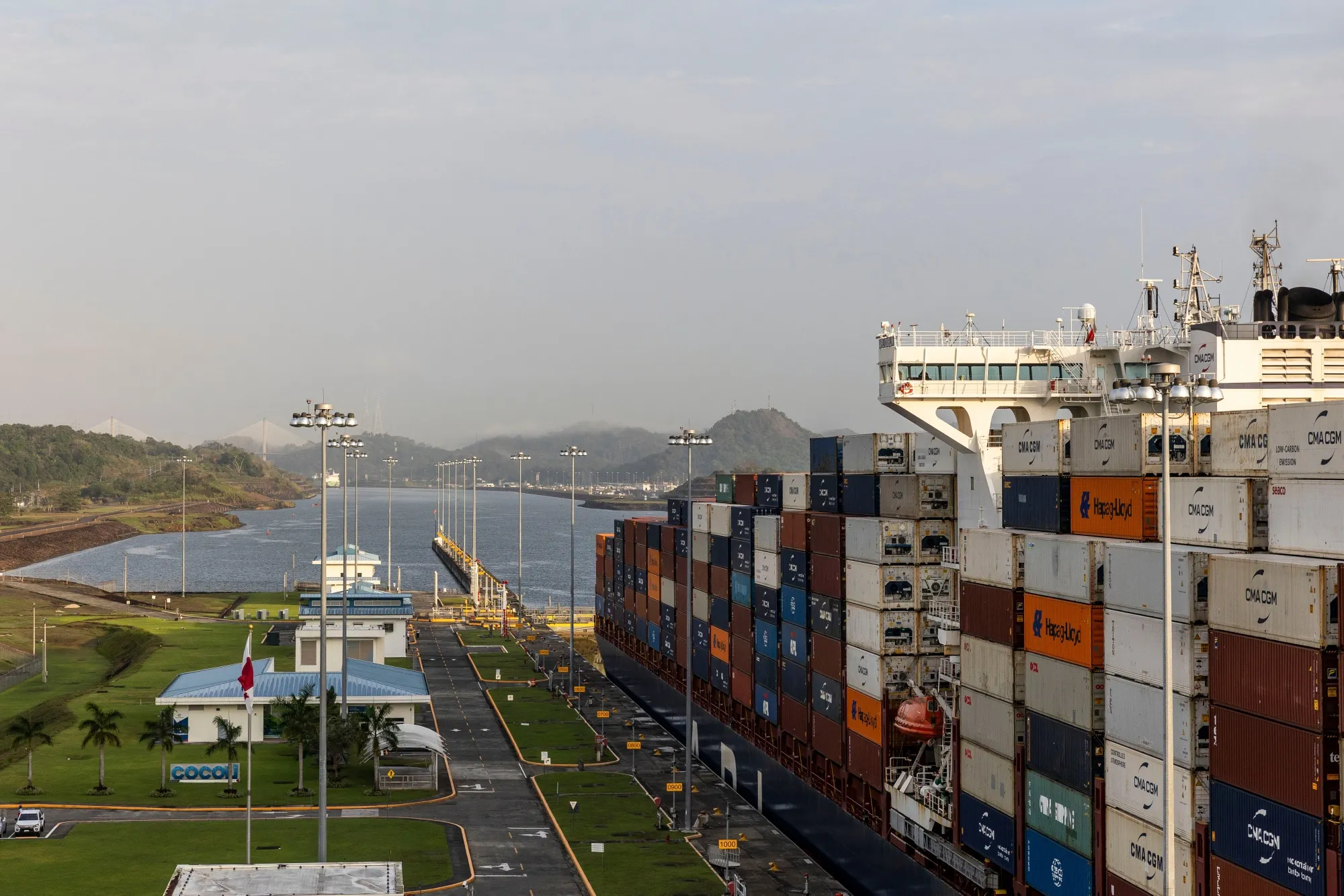 A container ship crosses the Cocoli Locks at the Panama Canal in Panama City.