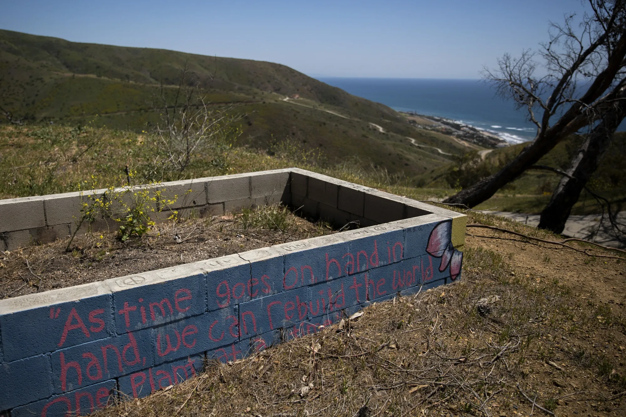 The remains of Gindling Hilltop Camp that burned down during the 2018 Woolsey Fire in Malibu, California.
