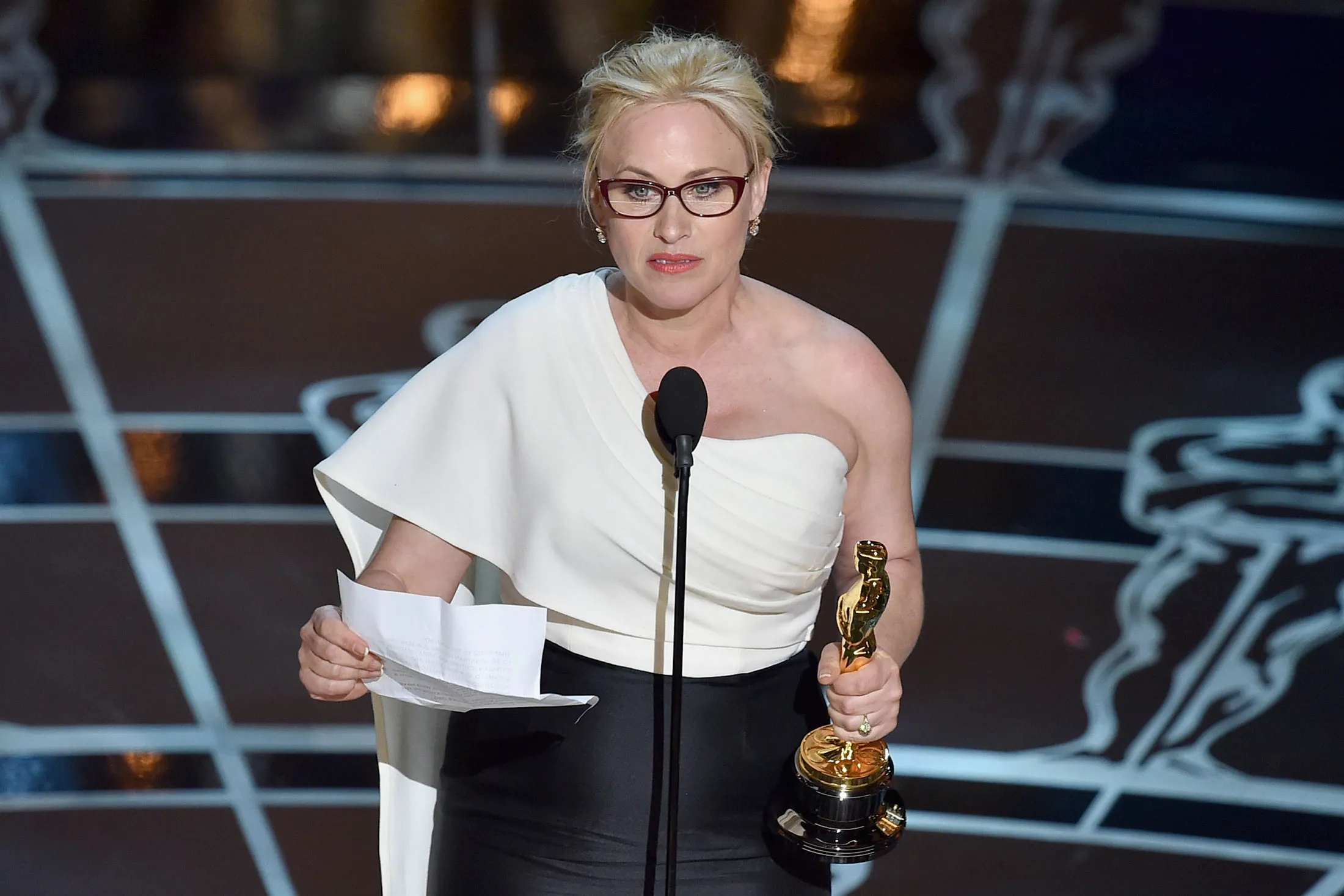 Actress Patricia Arquette accepts the award for Best Actress in a Supporting Role for Boyhood onstage during the 87th Annual Academy Awards at the Dolby Theatre on Feb. 22, 2015, in Hollywood, Calif.
