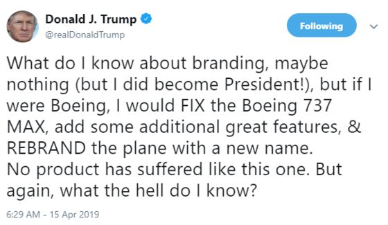 Trump’s Brand Advice Won’t Solve Boeing’s Woes