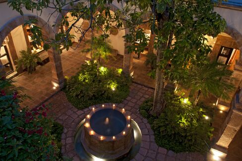 The interior courtyard at night.
