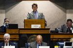 Senate President Pro Tem Rodric Bray opens the second day of hearings on a Republican proposal to ban nearly all abortions in the state at the Statehouse in Indianapolis, on July 26.
