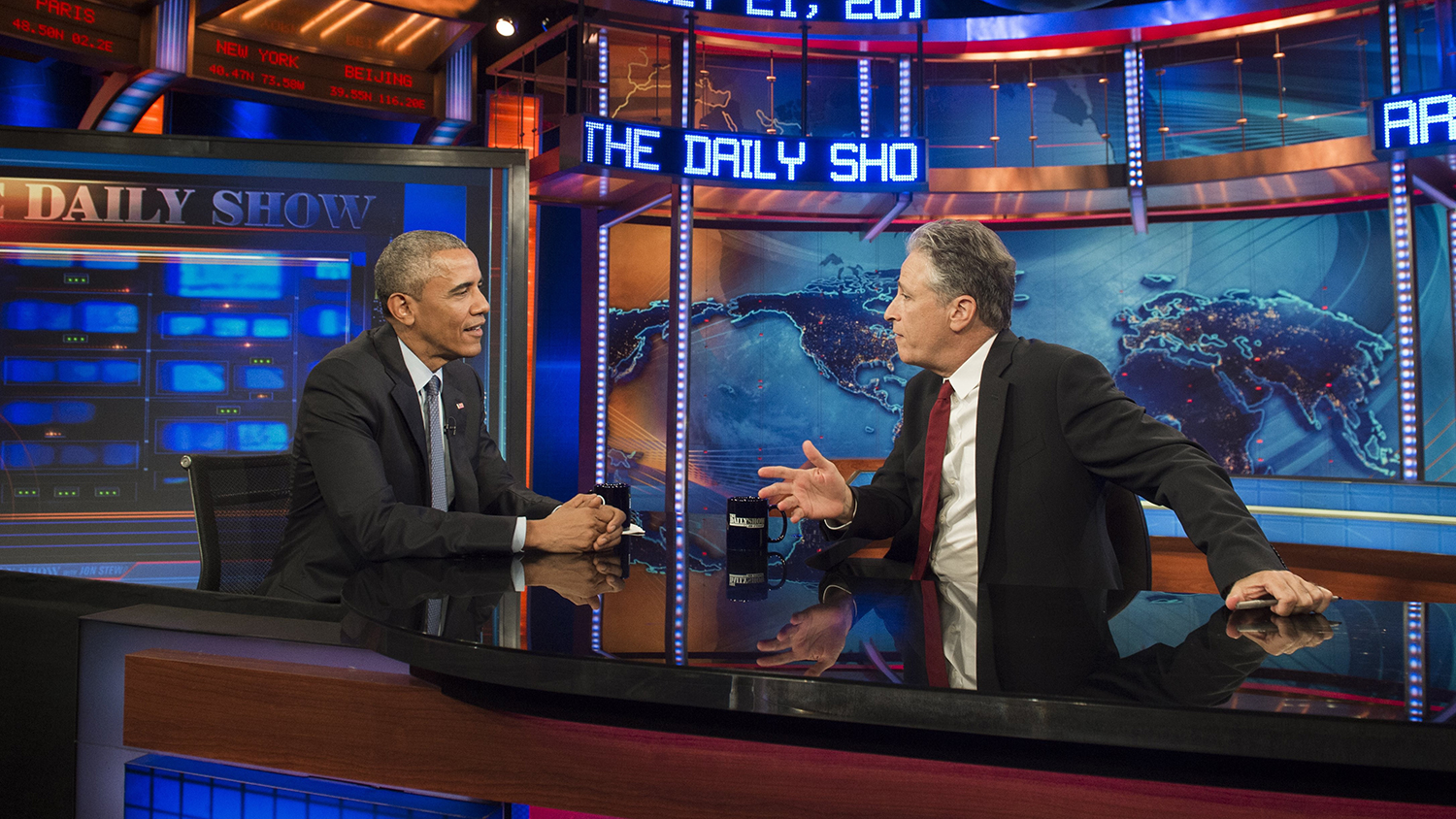 US President Barack Obama speaks with Jon Stewart, host of 'The Daily Show with Jon Stewart,' during a taping of the show in New York, July 21, 2015.
