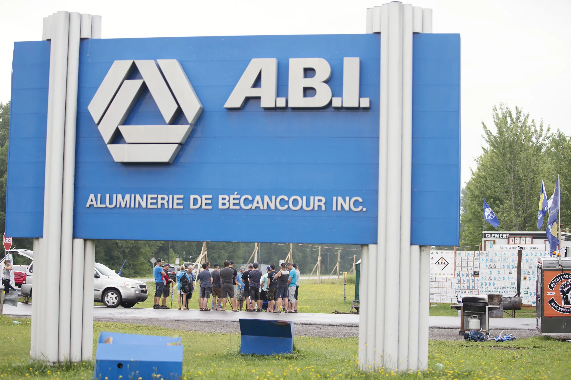 A group of locked-out workers outside the Alcoa-owned aluminum plant in Becancour, Quebec.