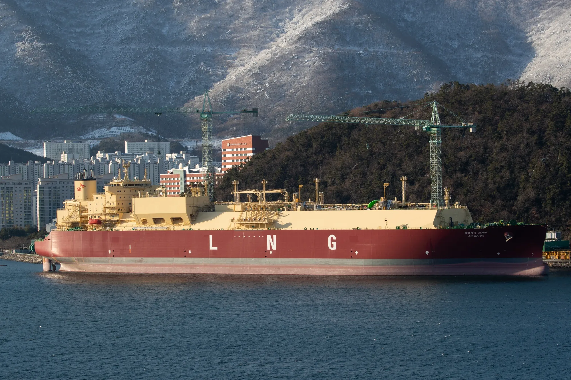 A liquefied natural gas tanker under construction at the Samsung Heavy Industries Co. shipyard in Geoje, South Korea.