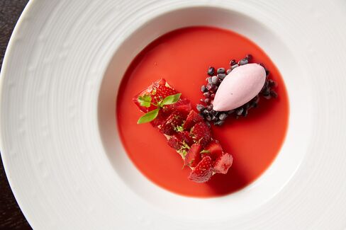 Sweet summer strawberries with verjus ice cream and custard.