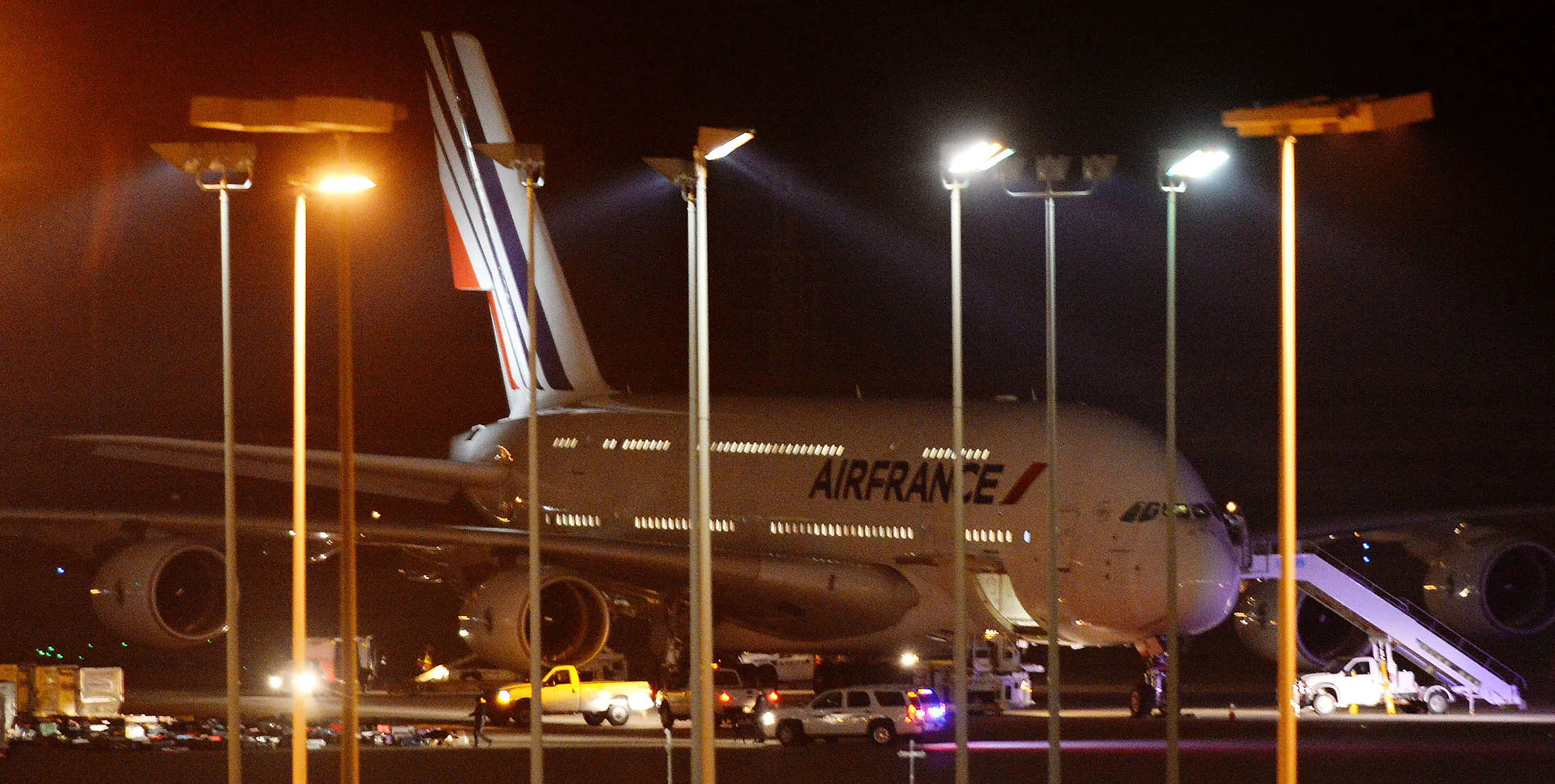 An Air France plane sits on the tarmac after it was diverted to Salt Lake City International Airport on Tuesday.
